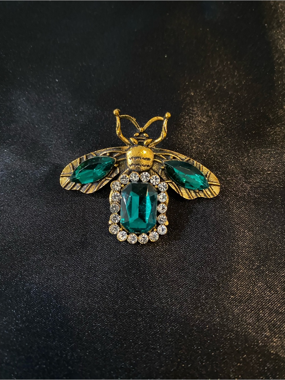 Gold Bee Brooch with Emerald Green Crystals